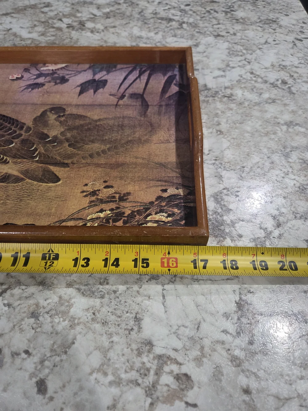 Vintage Style Brown Wood Serving Tray with Duck Illustration MCM
